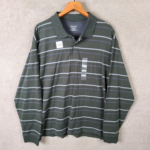 St Johns Bay Shirt Men XXL Green Gray Striped Polo Sueded Jersey Long Sleeve NEW
